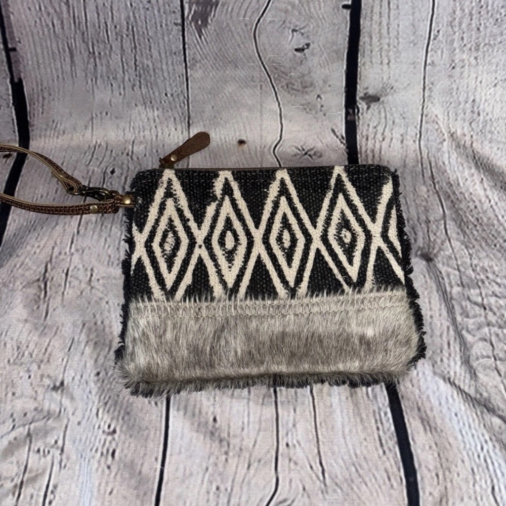 Myra Bag Up Cycled Canvas And Cowhide Leather Wristlet Pouch Bag Clutch
